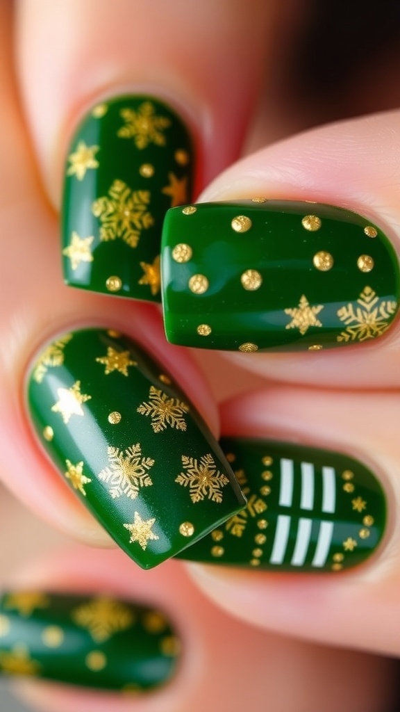 Elegant Green and Gold Christmas Nail Art Close-up of green and gold Christmas nail art with festive designs.